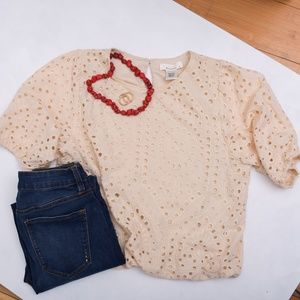 Feminine Eyelet Puff Sleeves Blouse Cute Girly Coquette Cream Medium